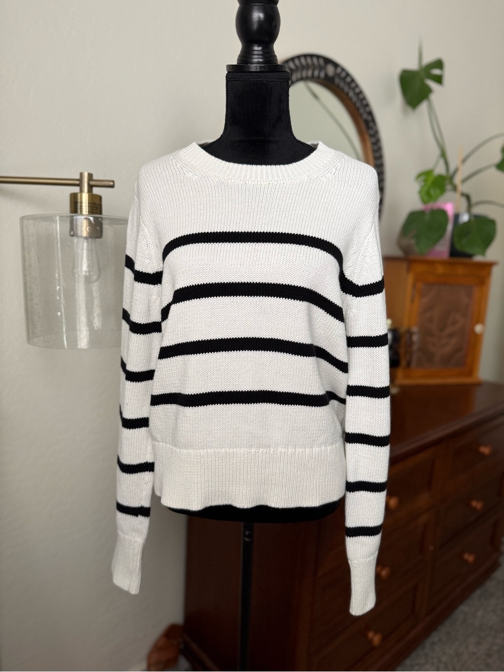 GAP White and Black Striped Crewneck Sweater